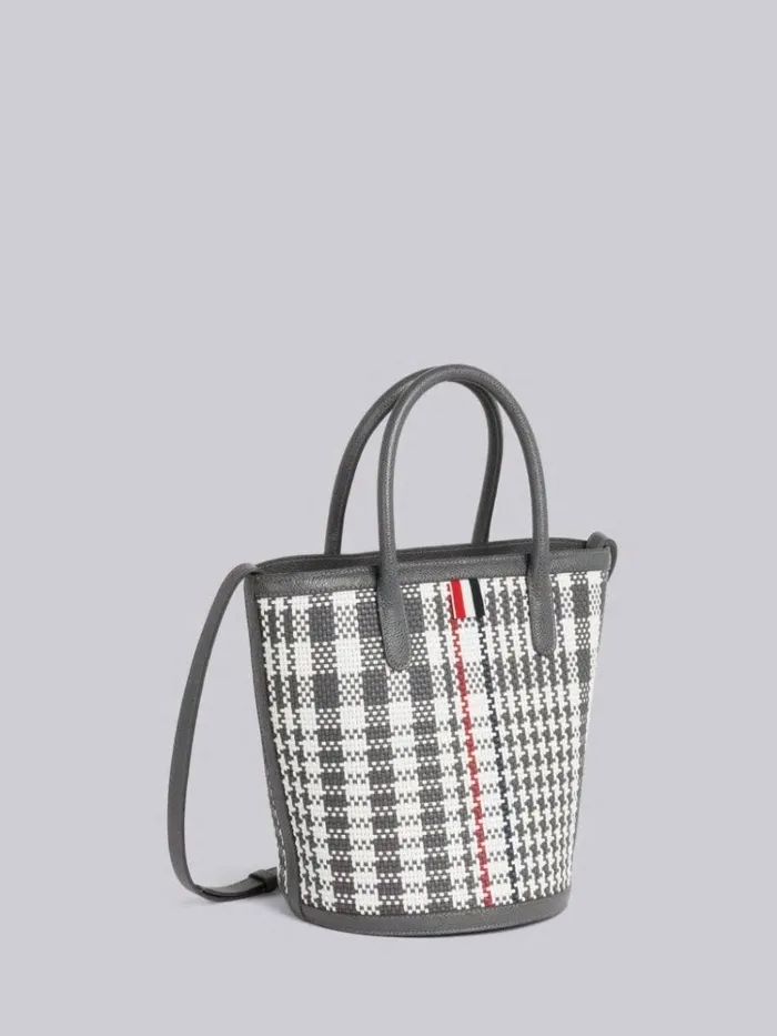 Calf Check Weaving Leather Frame Shoulder Strap Mini Bucket Bag Dark Grey Women Thom Browne Handbags and Totes