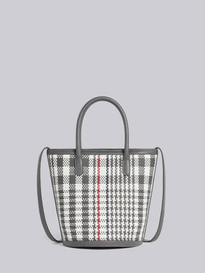 Calf Check Weaving Leather Frame Shoulder Strap Mini Bucket Bag Dark Grey Women Thom Browne Handbags and Totes