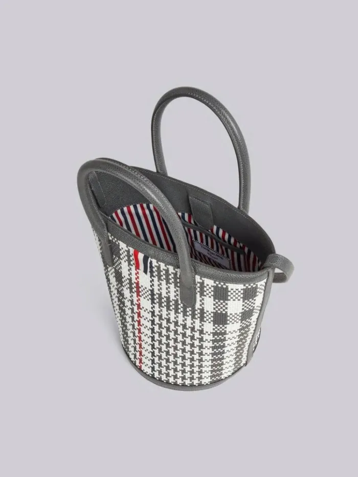 Calf Check Weaving Leather Frame Shoulder Strap Mini Bucket Bag Dark Grey Women Thom Browne Handbags and Totes