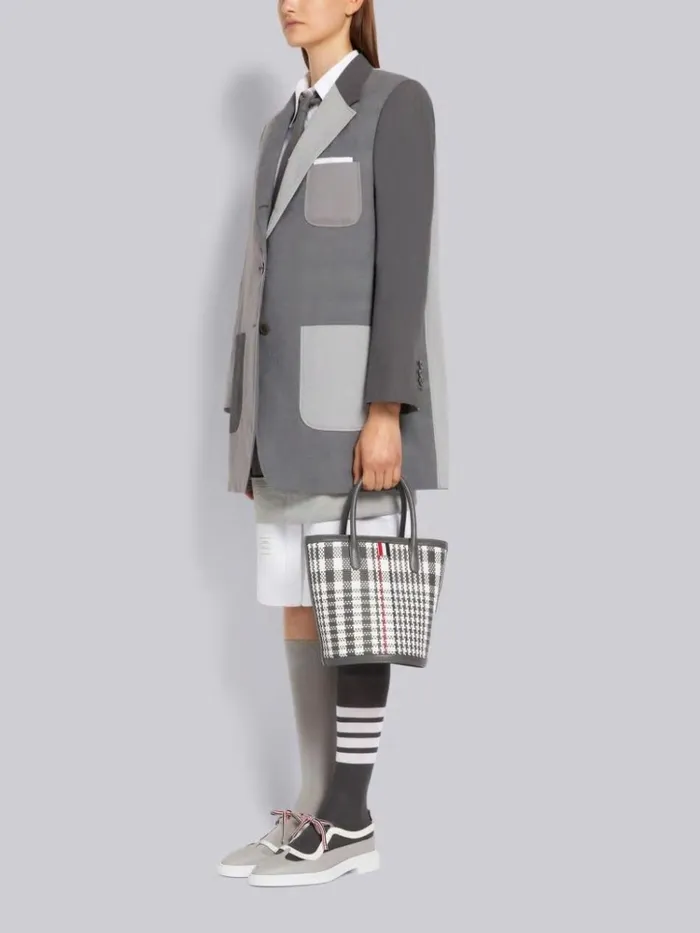 Calf Check Weaving Leather Frame Shoulder Strap Mini Bucket Bag Dark Grey Women Thom Browne Handbags and Totes