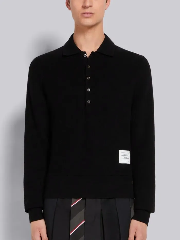 Cashmere Pique Long Sleeve Polo Black Men Thom Browne Tshirts and Polos