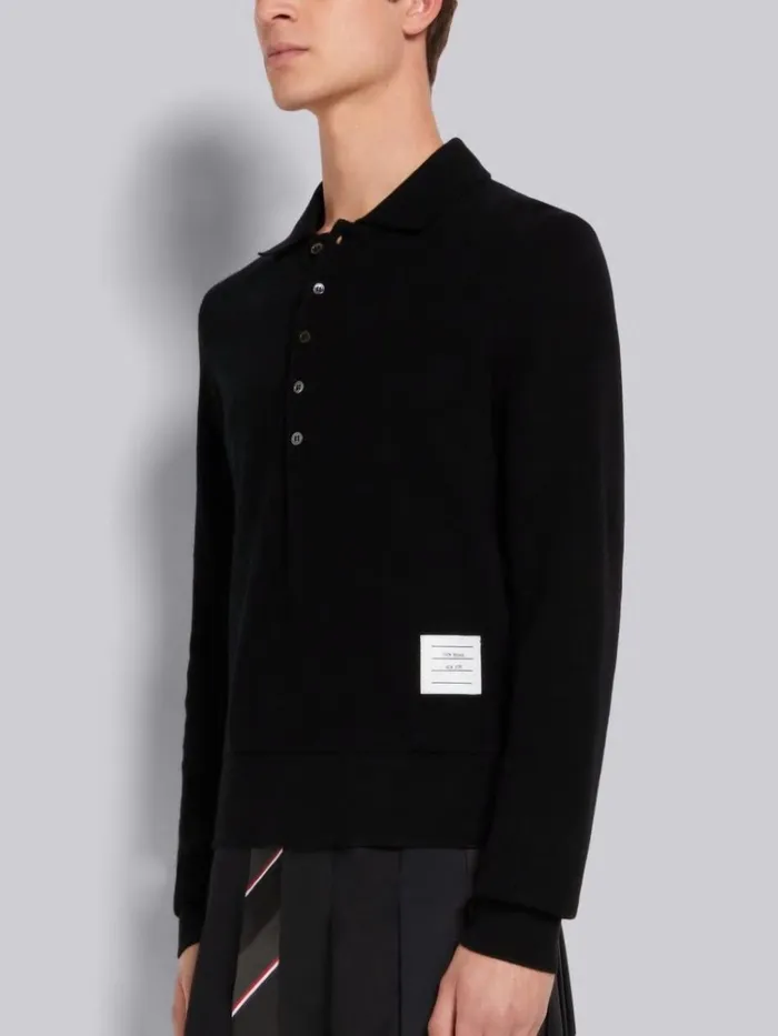 Cashmere Pique Long Sleeve Polo Black Men Thom Browne Tshirts and Polos
