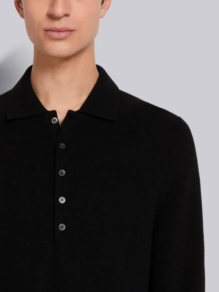 Cashmere Pique Long Sleeve Polo Black Men Thom Browne Tshirts and Polos