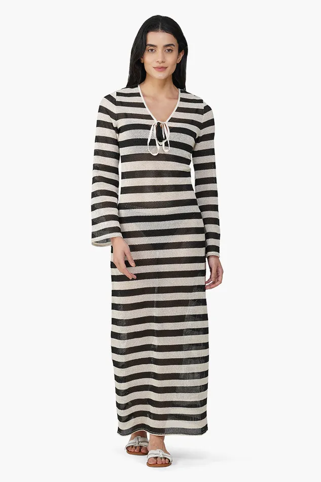 Charcoal Stripe Crochet Long Dress