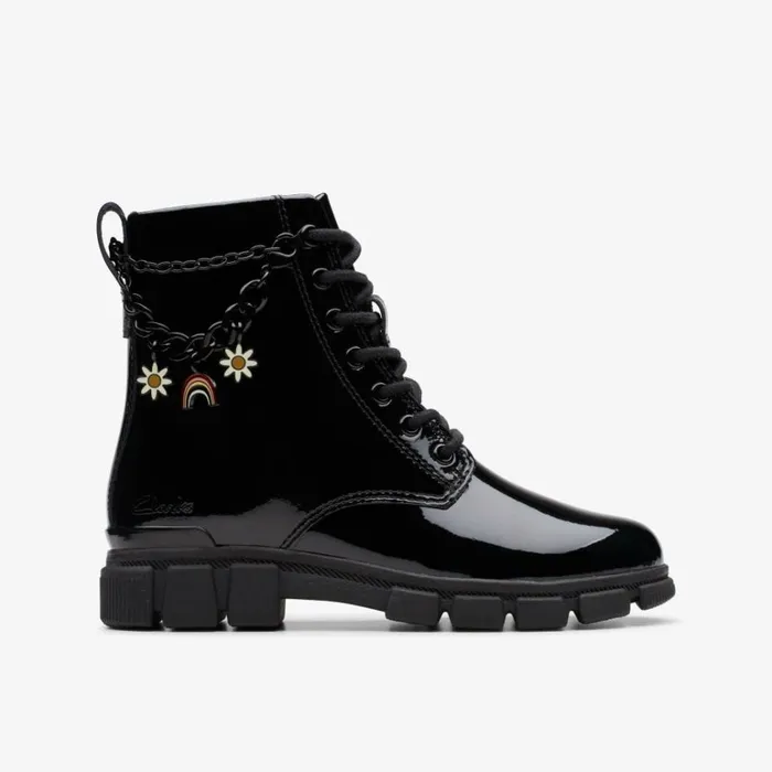 Clarks Evyn Charm Older Black Patent Ankle Boots Black Patent Kids Boots