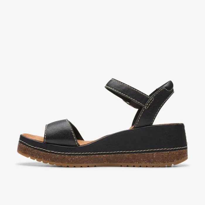 Clarks Kassanda Lily Black Leather Wedges Black Leather Women Wide Fit Sandals
