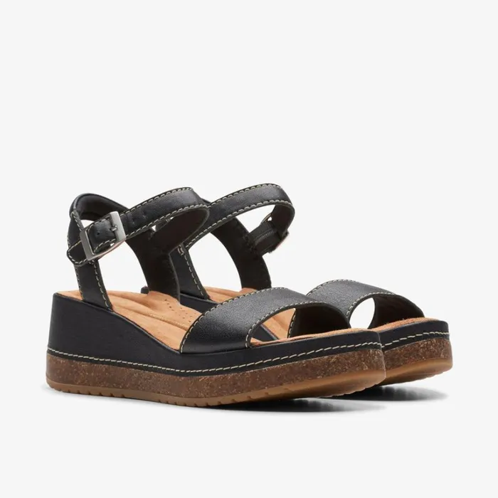 Clarks Kassanda Lily Black Leather Wedges Black Leather Women Wide Fit Sandals