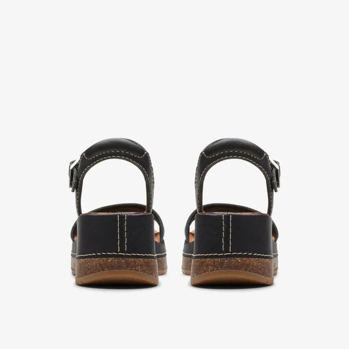 Clarks Kassanda Lily Black Leather Wedges Black Leather Women Wide Fit Sandals