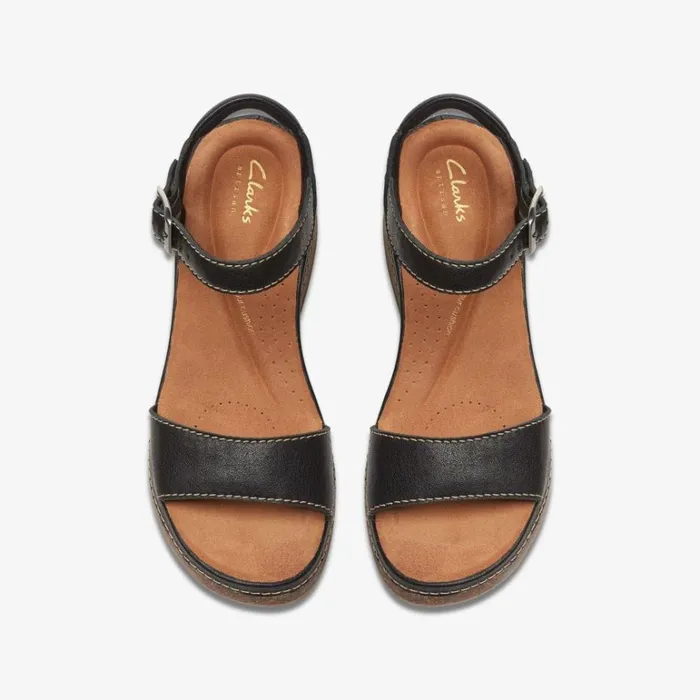 Clarks Kassanda Lily Black Leather Wedges Black Leather Women Wide Fit Sandals