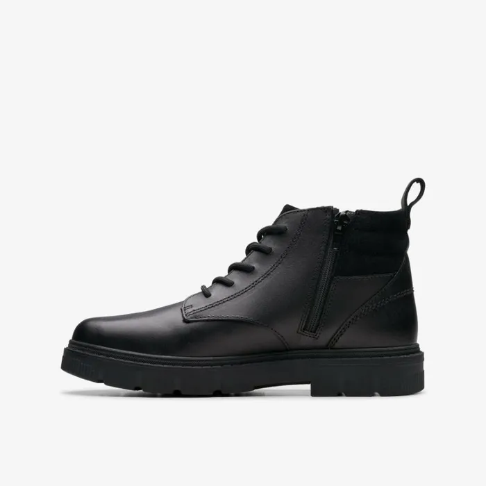 Clarks Kids Unisex Lorcam Trail Older Black Leather Ankle Boots Black Leather Kids School Shoes