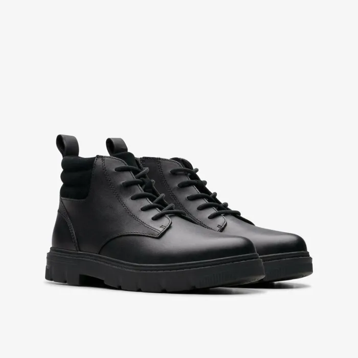 Clarks Kids Unisex Lorcam Trail Older Black Leather Ankle Boots Black Leather Kids School Shoes