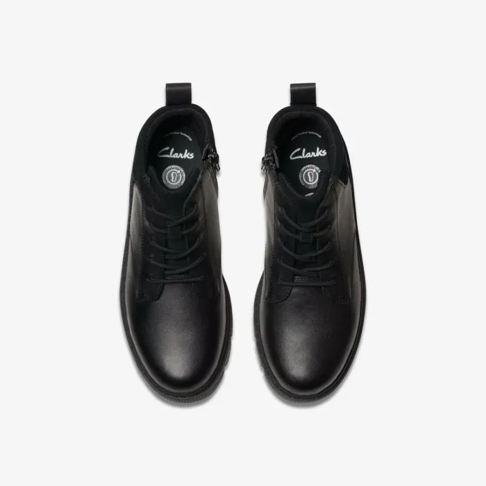 Clarks Kids Unisex Lorcam Trail Older Black Leather Ankle Boots Black Leather Kids School Shoes