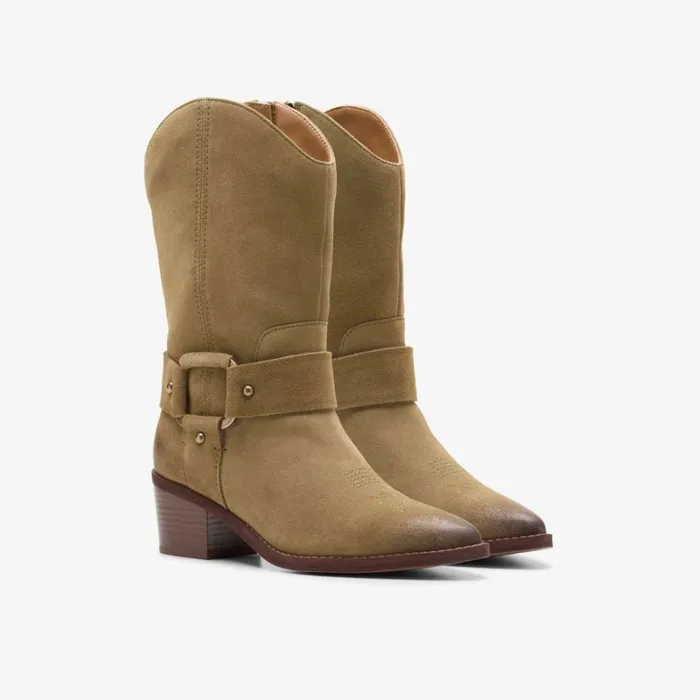 Clarks Morzine Rise Dark Sand Suede Mid Calf Boots Dark Sand Suede Women Ankle Boots