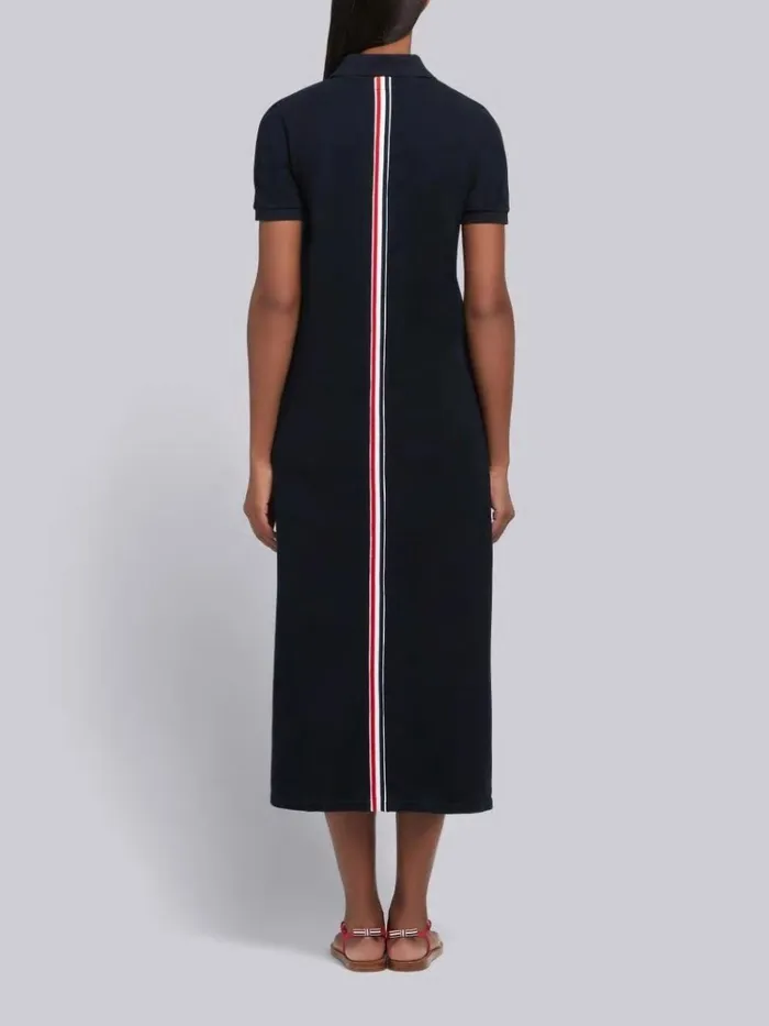 Classic Cotton Pique Center Back Stripe Aline Short Sleeve Polo Shirtdress Navy Women Thom Browne Dresses