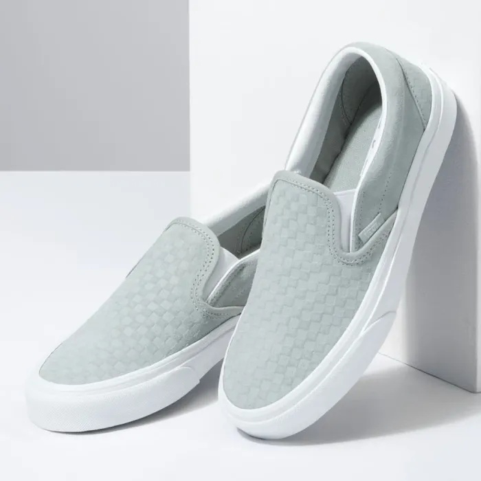 Classics Shoes Vans MenWomen Emboss Mini Check Classic SlipOn Mirage GrayTrue White