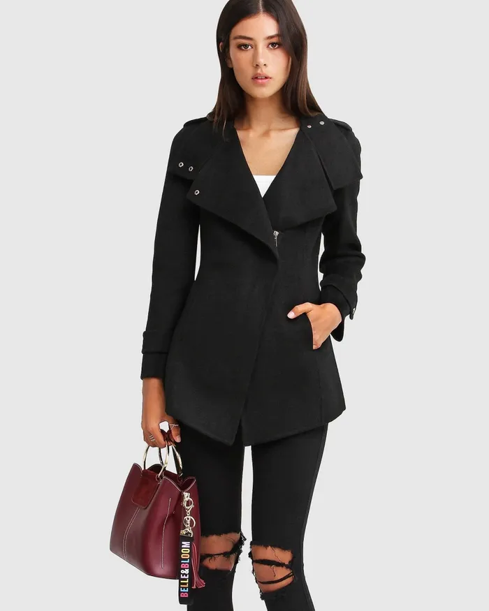 Coats and Jackets NEW FIT Bad Girl Wool Blend Moto Coat 8211 Black 8211 Belle and Bloom Women