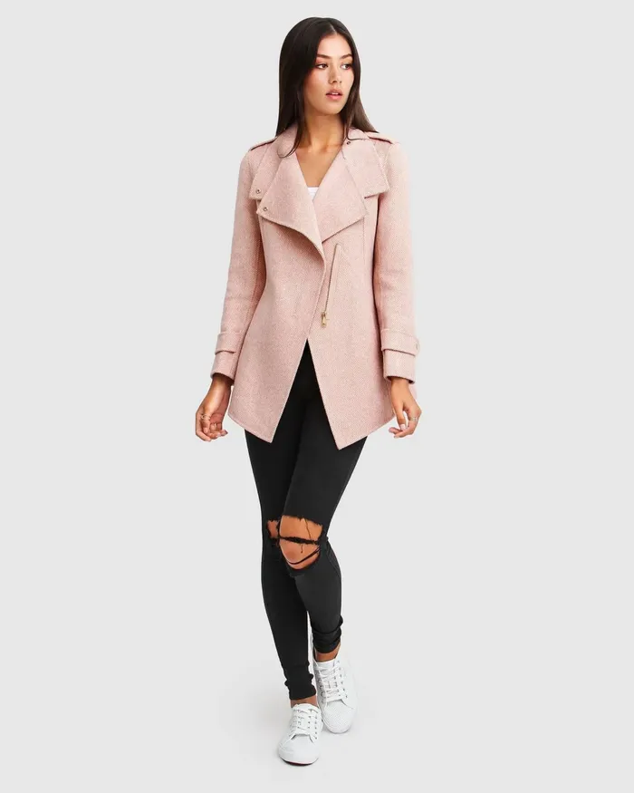 Coats and Jackets NEW FIT Bad Girl Wool Blend Moto Coat 8211 Blush 8211 Belle and Bloom Women