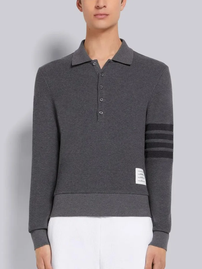 Compact Waffle Rib Cuff 4bar Long Sleeve Polo Dark Grey Men Thom Browne Tshirts and Polos Compact Waffle Rib Cuff 4bar Long Sleeve Polo Dark Grey Men Thom Browne Tshirts and Polos