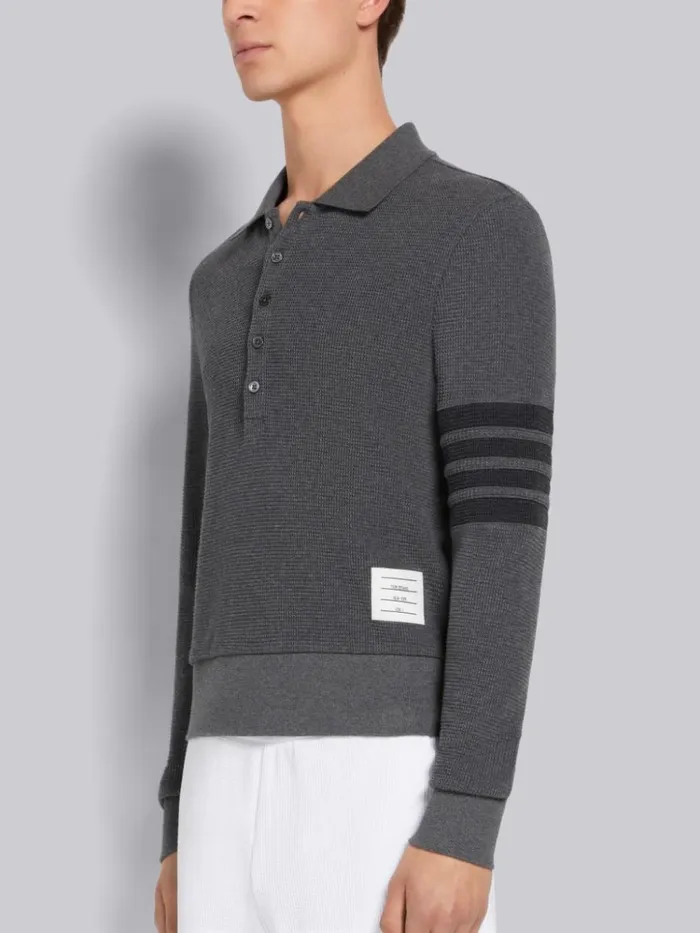 Compact Waffle Rib Cuff 4bar Long Sleeve Polo Dark Grey Men Thom Browne Tshirts and Polos