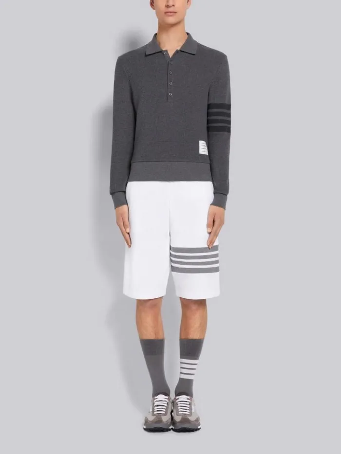Compact Waffle Rib Cuff 4bar Long Sleeve Polo Dark Grey Men Thom Browne Tshirts and Polos