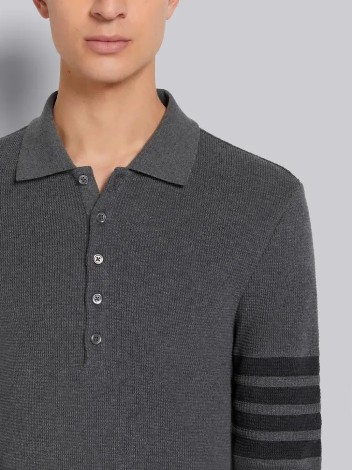 Compact Waffle Rib Cuff 4bar Long Sleeve Polo Dark Grey Men Thom Browne Tshirts and Polos