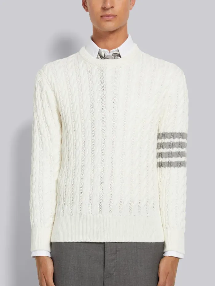 Cotton 4bar Cable Knit Crew Neck Pullover White Men Thom Browne Knitwear