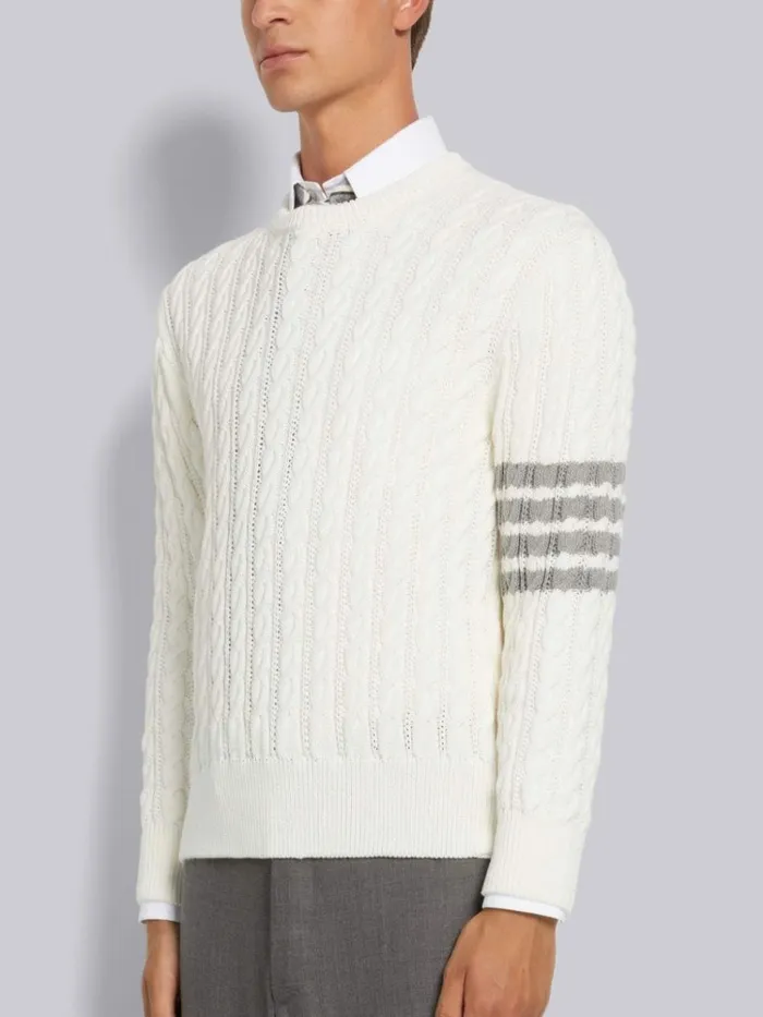 Cotton 4bar Cable Knit Crew Neck Pullover White Men Thom Browne Knitwear