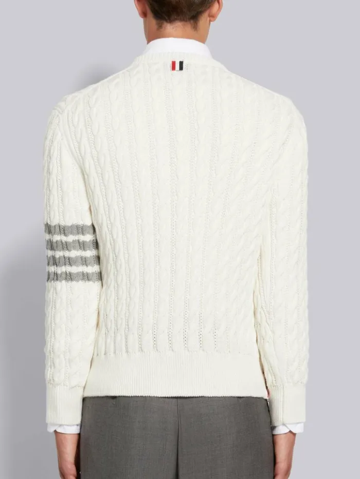 Cotton 4bar Cable Knit Crew Neck Pullover White Men Thom Browne Knitwear