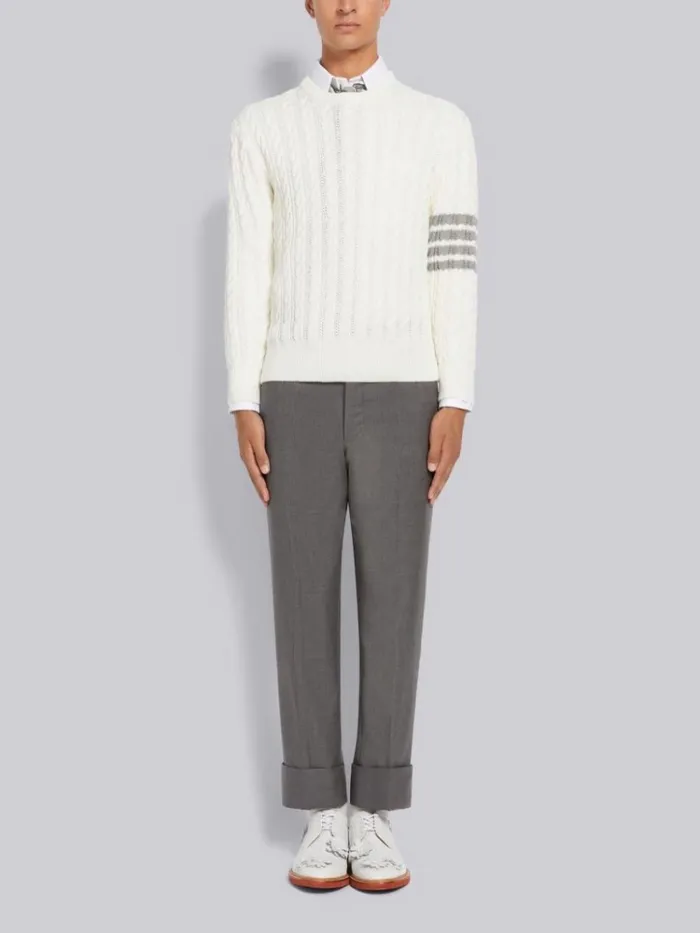 Cotton 4bar Cable Knit Crew Neck Pullover White Men Thom Browne Knitwear
