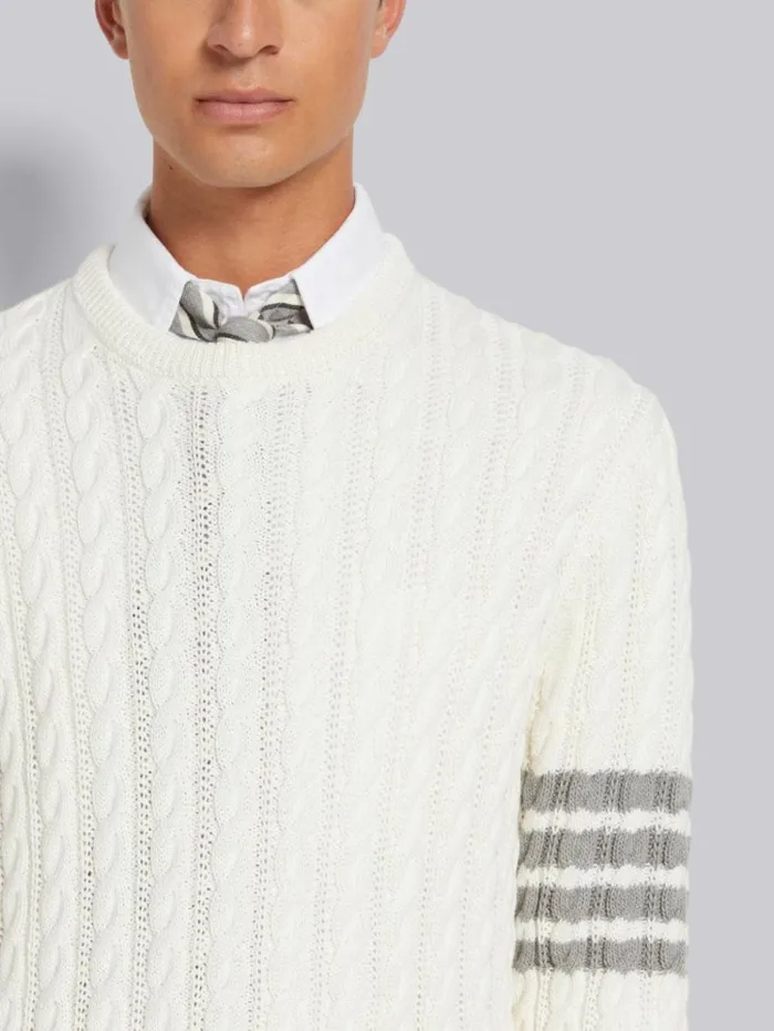 Cotton 4bar Cable Knit Crew Neck Pullover White Men Thom Browne Knitwear