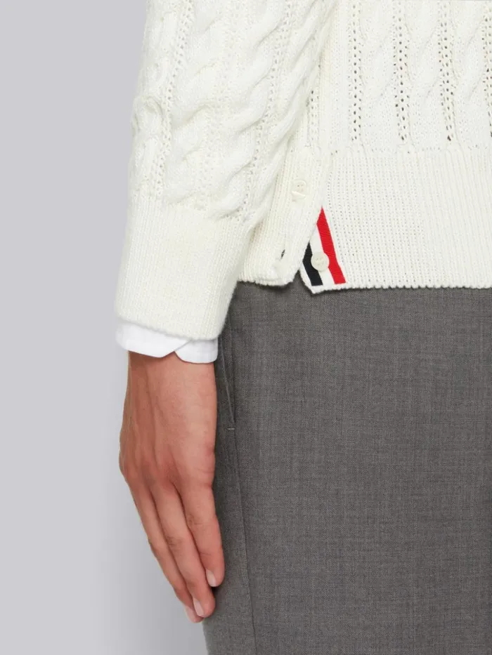 Cotton 4bar Cable Knit Crew Neck Pullover White Men Thom Browne Knitwear