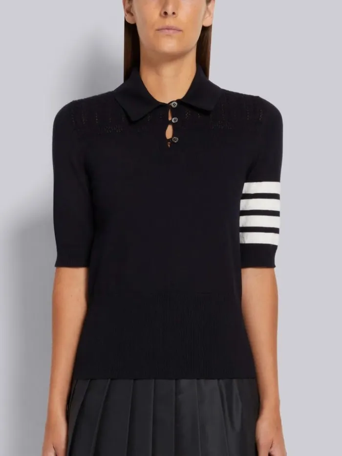 Cotton Hector Medallion 4bar Keyhole Polo Navy Women Thom Browne Tshirts and Polos Cotton Hector Medallion 4bar Keyhole Polo Navy Women Thom Browne Tshirts and Polos
