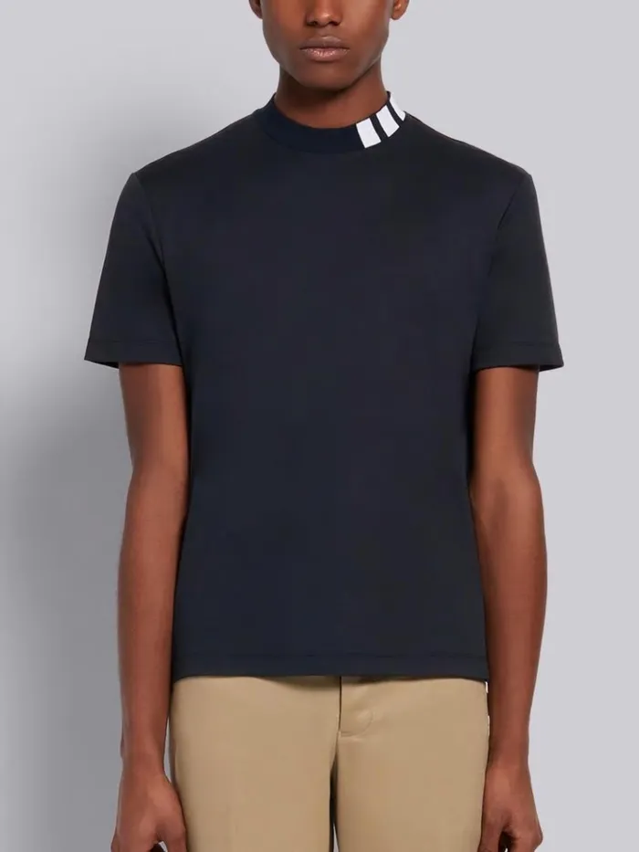 Cotton Interlock Mock Neck Short Sleeve 4bar Intarsia Tee Navy Men Thom Browne Tshirts and Polos Cotton Interlock Mock Neck Short Sleeve 4bar Intarsia Tee Navy Men Thom Browne Tshirts and Polos
