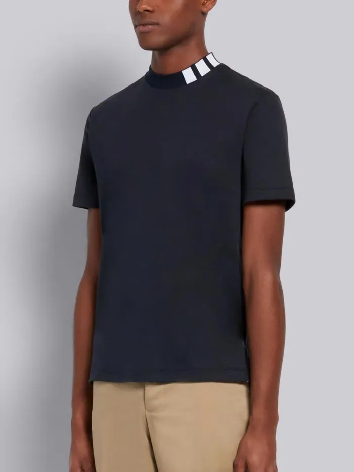 Cotton Interlock Mock Neck Short Sleeve 4bar Intarsia Tee Navy Men Thom Browne Tshirts and Polos