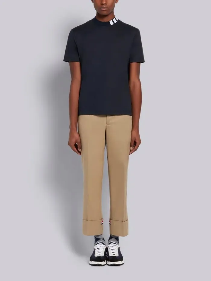 Cotton Interlock Mock Neck Short Sleeve 4bar Intarsia Tee Navy Men Thom Browne Tshirts and Polos