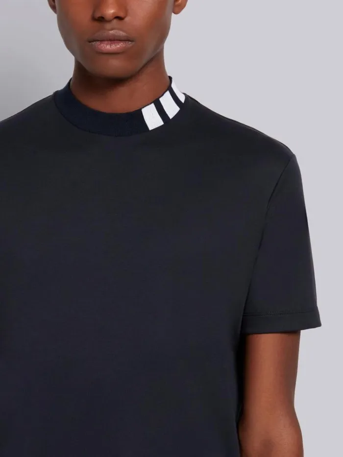 Cotton Interlock Mock Neck Short Sleeve 4bar Intarsia Tee Navy Men Thom Browne Tshirts and Polos