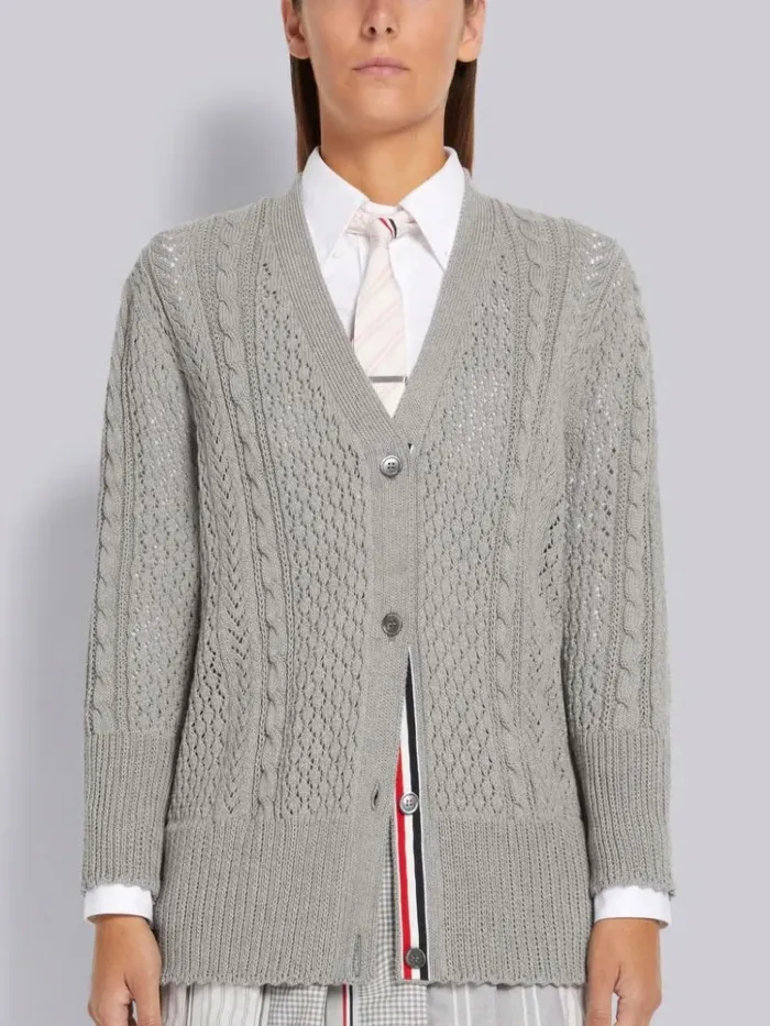 Cotton Mixed Pointelle Cable Knit Elongated Vneck Cardigan Light Grey Women Thom Browne Knitwear