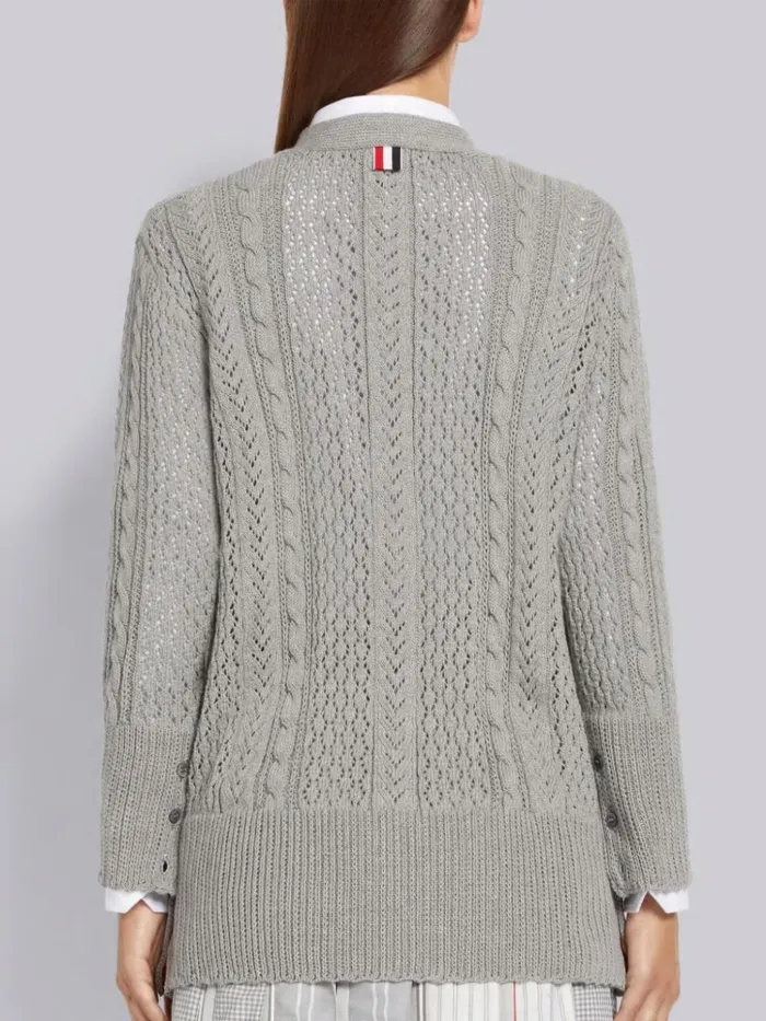Cotton Mixed Pointelle Cable Knit Elongated Vneck Cardigan Light Grey Women Thom Browne Knitwear