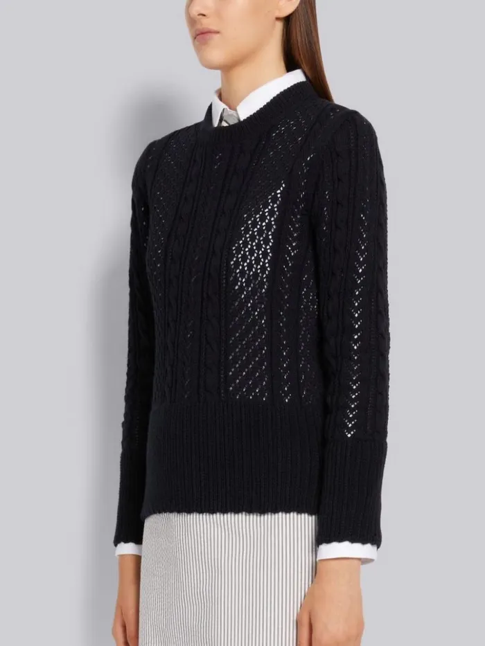 Cotton Mixed Pointelle Cable Knit Pullover Navy Women Thom Browne Knitwear