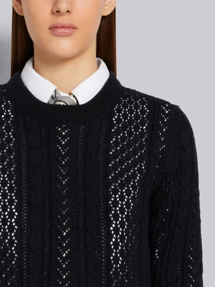 Cotton Mixed Pointelle Cable Knit Pullover Navy Women Thom Browne Knitwear