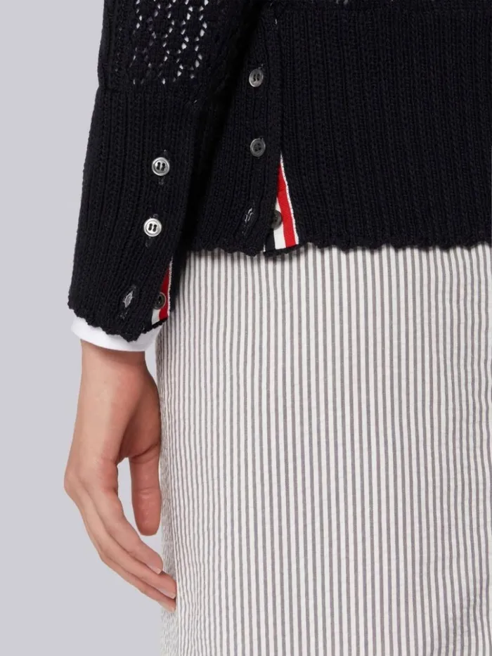 Cotton Mixed Pointelle Cable Knit Pullover Navy Women Thom Browne Knitwear