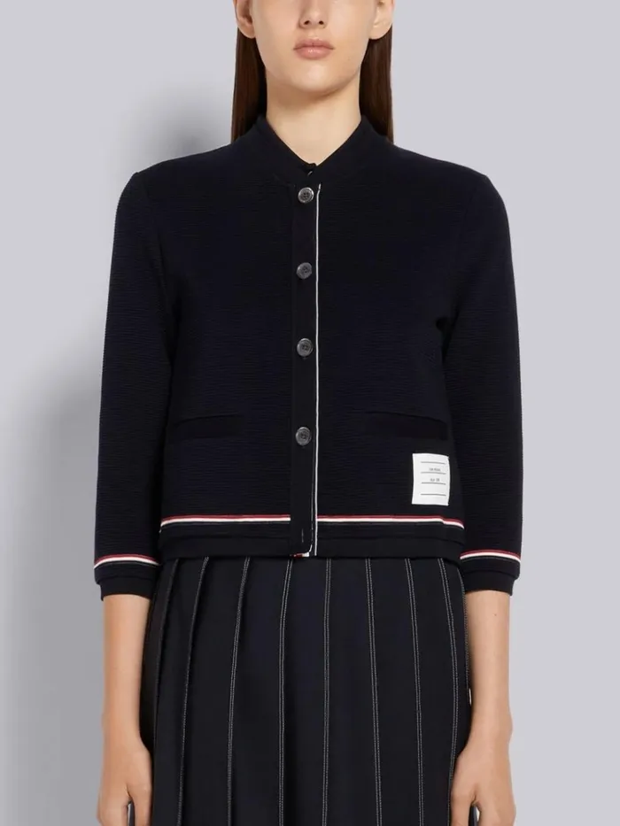 Cotton Ottoman Rib Stripe Trim 34 Sleeve Shrunken Crew Neck Cardigan Navy Women Thom Browne Sweats Cotton Ottoman Rib Stripe Trim 34 Sleeve Shrunken Crew Neck Cardigan Navy Women Thom Browne Sweats