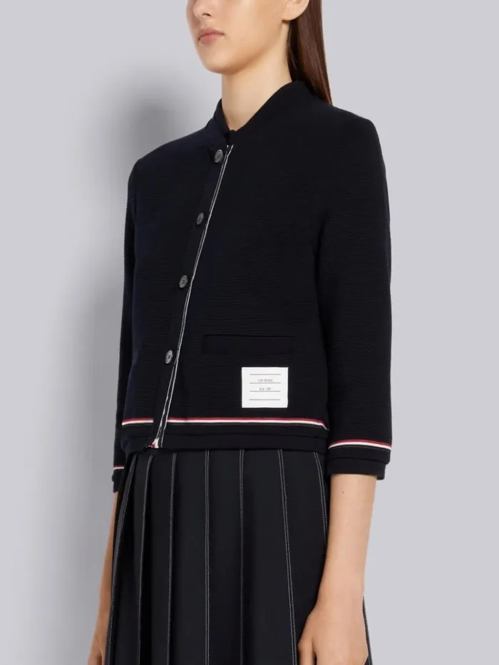 Cotton Ottoman Rib Stripe Trim 34 Sleeve Shrunken Crew Neck Cardigan Navy Women Thom Browne Sweats
