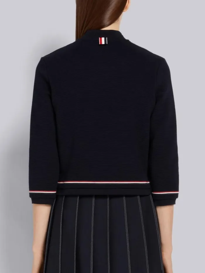 Cotton Ottoman Rib Stripe Trim 34 Sleeve Shrunken Crew Neck Cardigan Navy Women Thom Browne Sweats