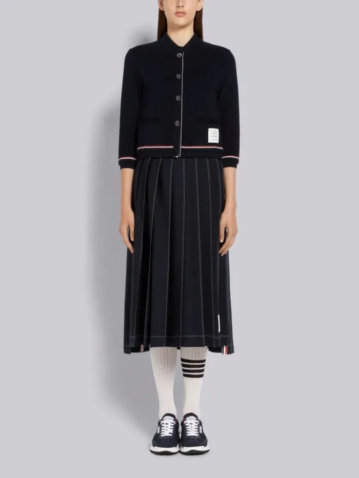 Cotton Ottoman Rib Stripe Trim 34 Sleeve Shrunken Crew Neck Cardigan Navy Women Thom Browne Sweats