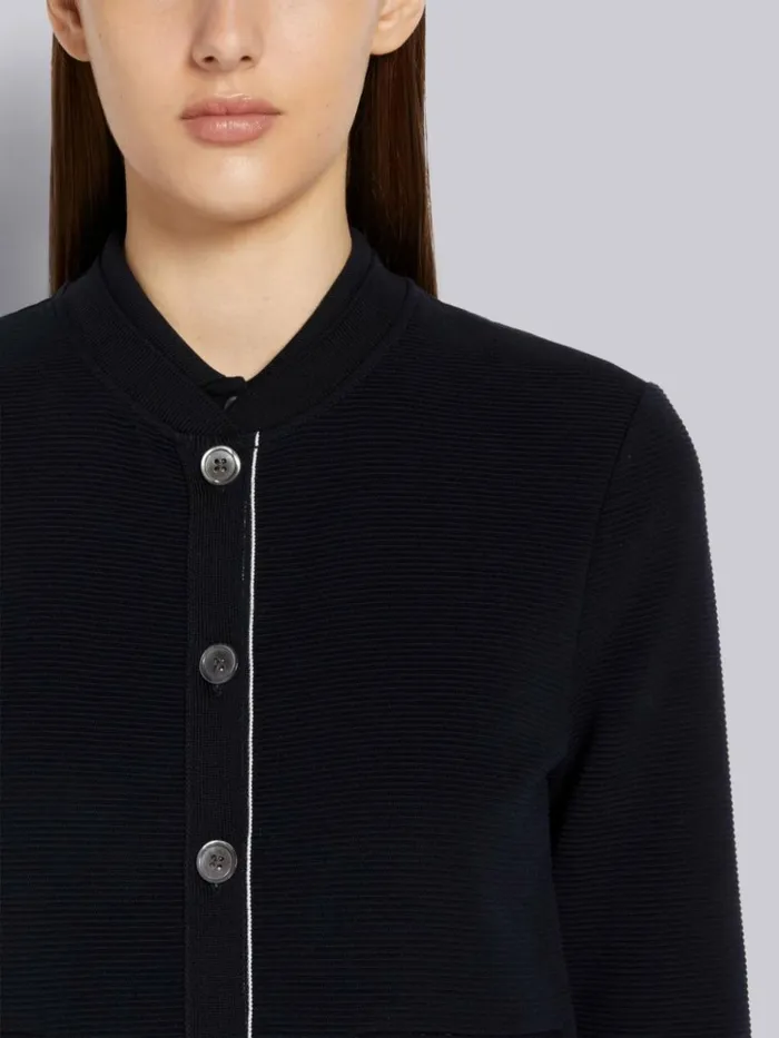 Cotton Ottoman Rib Stripe Trim 34 Sleeve Shrunken Crew Neck Cardigan Navy Women Thom Browne Sweats