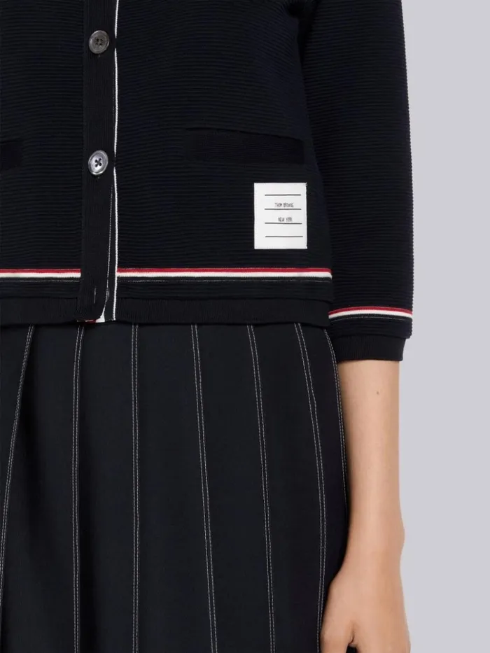 Cotton Ottoman Rib Stripe Trim 34 Sleeve Shrunken Crew Neck Cardigan Navy Women Thom Browne Sweats