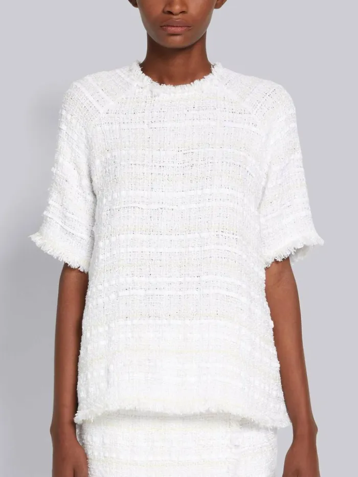Cotton Oxford Ribbon Tweed Frayed Short Sleeve Raglan Box Pleat Blouse White Women Thom Browne Tops and Shirts Cotton Oxford Ribbon Tweed Frayed Short Sleeve Raglan Box Pleat Blouse White Women Thom Browne Tops and Shirts