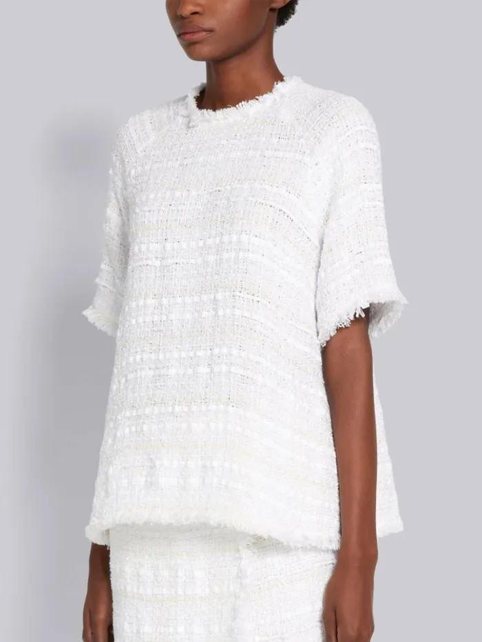 Cotton Oxford Ribbon Tweed Frayed Short Sleeve Raglan Box Pleat Blouse White Women Thom Browne Tops and Shirts