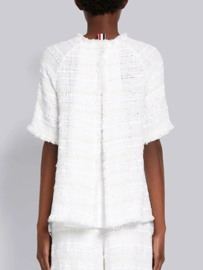 Cotton Oxford Ribbon Tweed Frayed Short Sleeve Raglan Box Pleat Blouse White Women Thom Browne Tops and Shirts